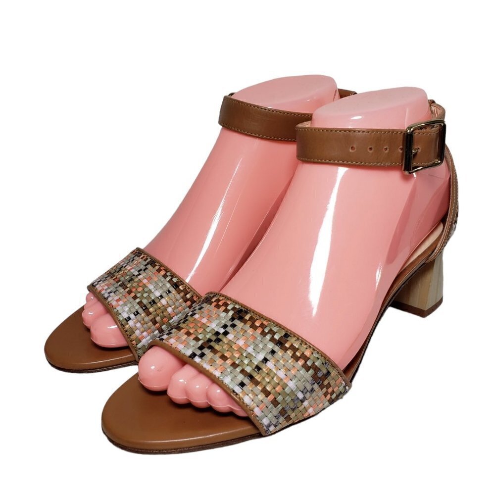 Bettye Muller Women Brown Woven Leather Ankle Strap Heels Sandals Sz 36.5 US 6.5